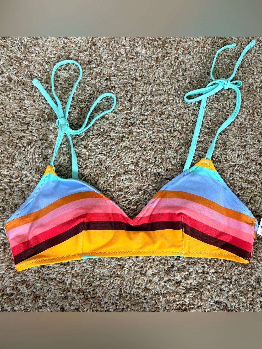 NWT aerie size medium Rainbow Stripe Scoop Turquoise Tie Strap Bikini Top